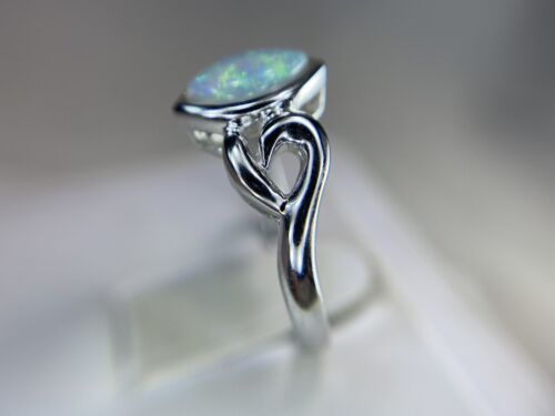 Vintage 14k White Gold Navette Marquise White Opal Solitaire Ring