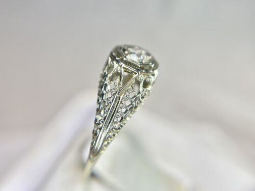 Art Deco 18k White Gold Natural Old European Diamond Filigree Engagement Ring