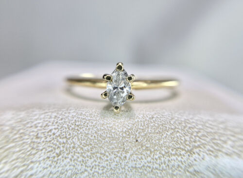 Vintage 14k Yellow Gold Marquise Cut Natural Diamond Solitaire Small Engagement 