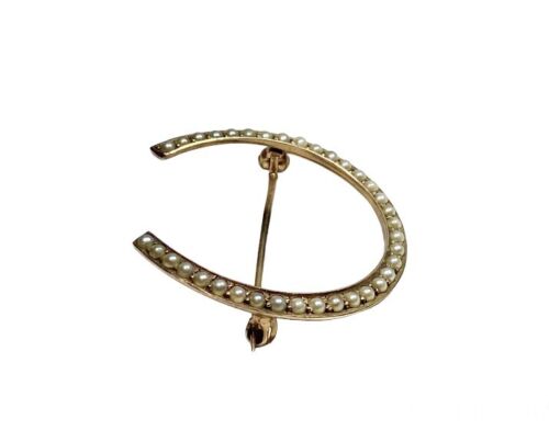 Vintage Victorian 10k Rose Gold White Pearl Lucky Horseshoe Pin Brooch