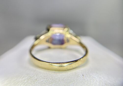 14k Yellow Gold Radiant Cut Trillion Fancy Vivid Pink Purple CZ Cocktail Ring