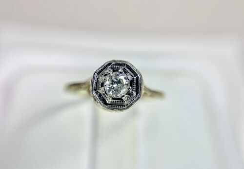 Vintage Art Deco 14k Yellow Gold Round Diamond Filigree Small Engagement Ring