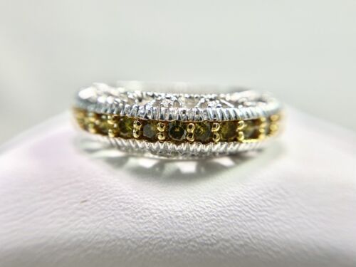 14k White Gold Designer Fancy Yellow Round Brilliant Diamond Filigree Band Ring