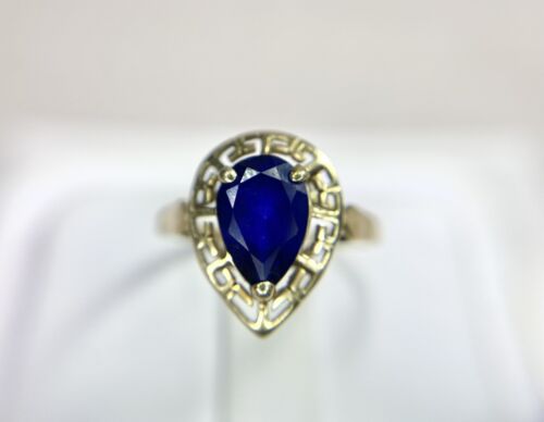 Vintage 10k Yellow Gold Pear Shape Blue Sapphire Solitaire Filigree Ring