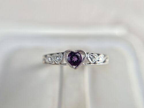 Vintage 10k White Gold Round Purple Amethyst Diamond Heart Shape Filigree Ring