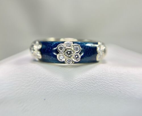 18k White Gold Natural Round Brilliant Diamond Bezel Set Blue Enamel Flower Ring