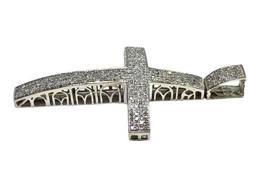 10k White Gold Natural Round Single Cut Diamond Big Cross Pendant 