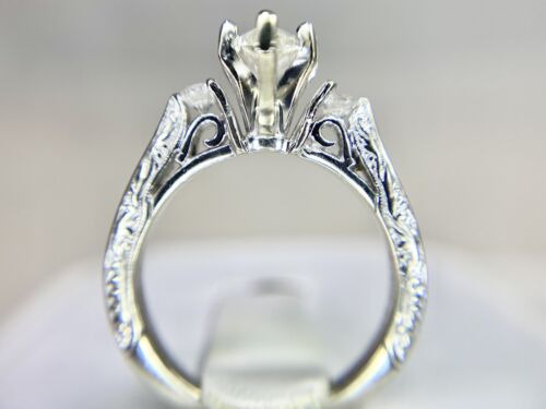 Vintage 14k White Gold Natural Marquise Round Diamond Engraved Engagement Ring