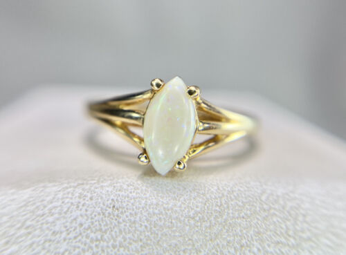 Vintage Estate 14k Yellow Gold Natural Marquise Shape White Opal Solitaire Ring