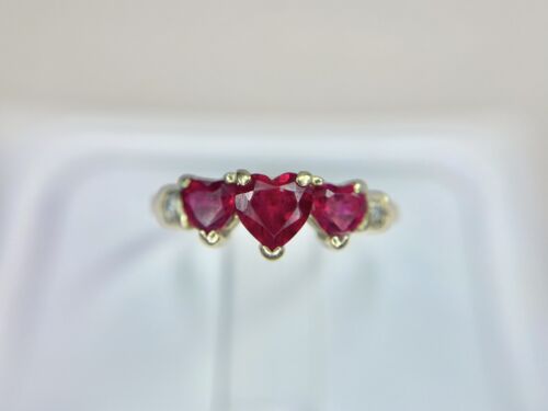 Vintage 10k Yellow Gold Lab Created Heart Shape Pink Ruby Round Diamond Ring