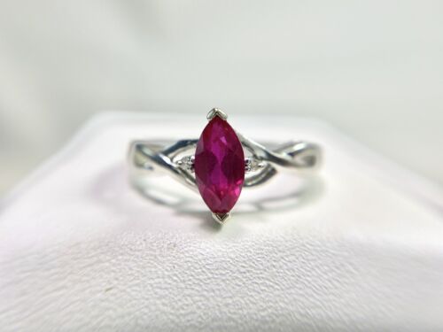 Vintage 10k White Gold Designer Marquise Pink Ruby Round Diamond Ring