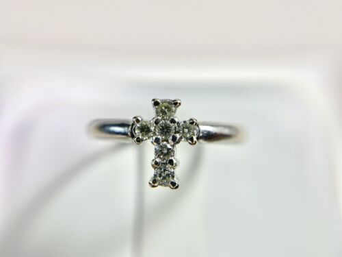 14k White Gold Natural Round Brilliant Diamond Religious Cross Ring