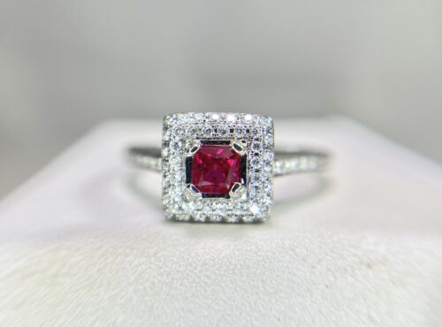 14k White Gold Natural Square Red Ruby Round Diamond Pave Halo Ring