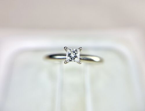 10k White Gold Natural Square Princess Cut Diamond Solitaire Engagement Ring