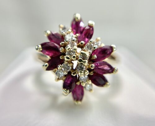 Vintage 14k Yellow Gold Natural Round Brilliant Diamond Red Garnet Cocktail Ring