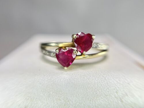 Vintage 10k Yellow Gold Lab Created Heart Shape Red Ruby  Diamond Cocktail Ring