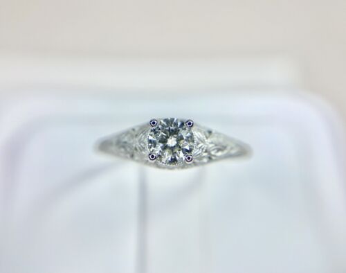 14k White Gold Vintage Style Natural Round Diamond Filigree Engagement Ring