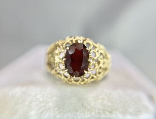 Art Deco 14k Yellow Gold Oval Shape Rhodolite Garnet Filigree Cocktail Ring