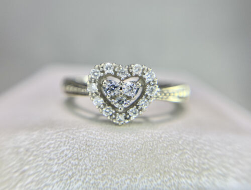 10k White Gold Designer Round Brilliant Pave Set Diamond Heart Shape Ring 1/4 ct