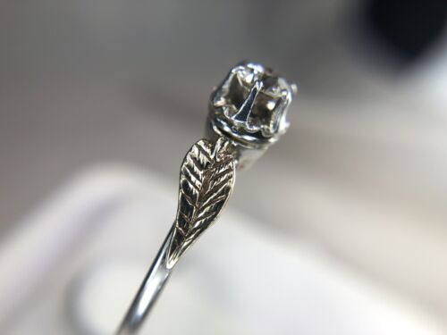 Vintage Art Nouveau Leaf 14k White Gold Old European Diamond Engagement Ring 