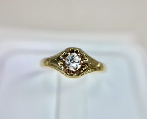 Art Deco 14k Yellow Gold Natural Old European Diamond Small Solitaire Ring