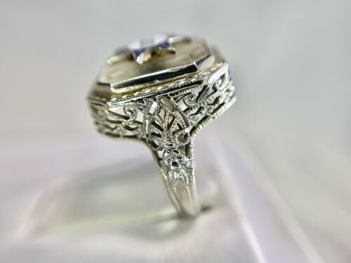 Vintage Art Deco 14k White Gold Fraternal Filigree Carved Quartz Cocktail Ring