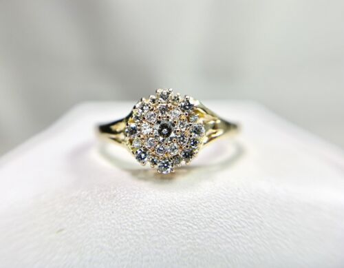 Vintage 14k Yellow Gold Handcrafted Round Natural Diamond Cluster Ring