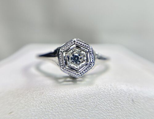 Art Deco 14k White Gold Natural Round Small Diamond Filigree Engagement Ring