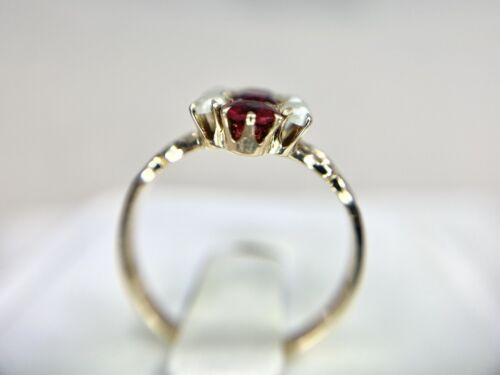 Victorian 10k Rose Gold Red Garnet Round White Seed Pearl Small Cocktail Ring