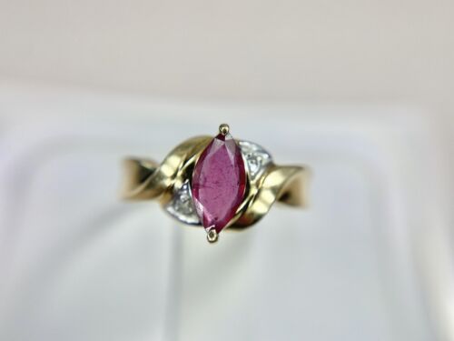 Vintage 10k Yellow Gold Signed Marquise Shape Red Ruby Round Diamond Ring