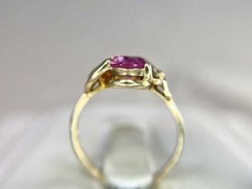 Vintage 10k Yellow Gold Synthetic Oval Pink Topaz Round Diamond Ring