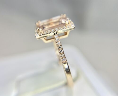 Vintage 14k Rose Gold Natural Emerald Cut Morganite Round Diamond Halo Ring