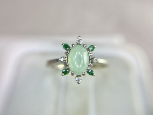 Vintage 14k White Gold Oval Light Green Jade Round Diamond Ballerina Ring