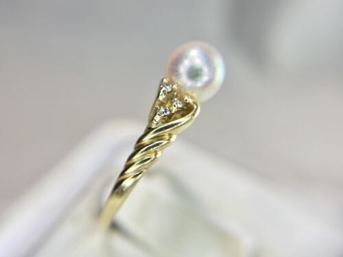 Vintage 10k Yellow Gold Round White Cultured Pearl Natural Diamond Ring