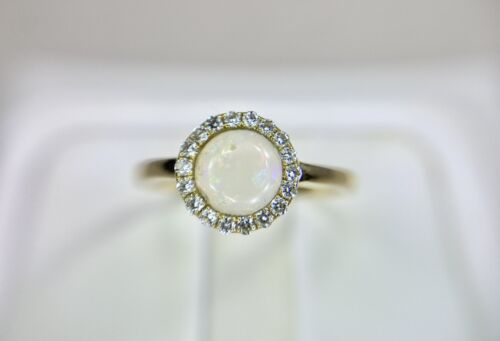 Vintage 14k Yellow Gold Natural Round White Opal Diamond Halo Bezel Set Ring