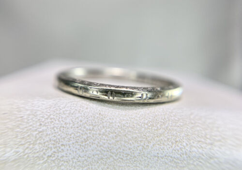 Vintage Art Deco Platinum 18k Designer Signed Engraved Wedding Band Ring 