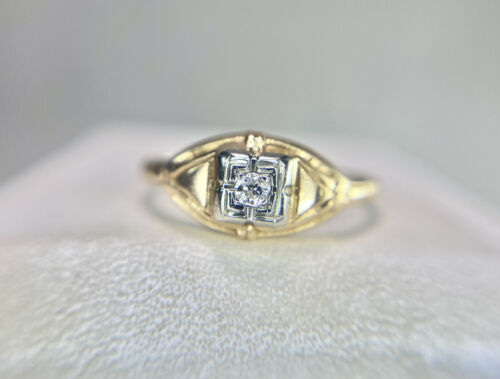 Vintage Art Deco 14k Yellow Gold Natural Round Diamond Small Engagement Ring