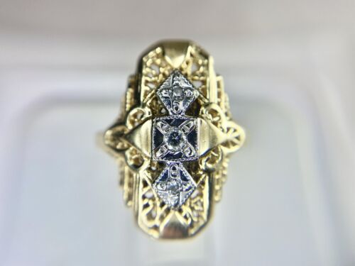 Vintage Art Deco 14k Yellow Gold Natural Round Diamond Filigree Shield Ring