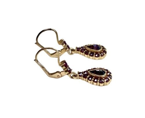 Vintage 14k Yellow Gold Natural Pear Shape Rhodolite Garnet Dangle Earrings 