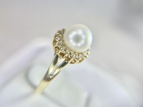 Vintage 14k Yellow Gold White Round Pearl Single Cut Diamond Halo Ring