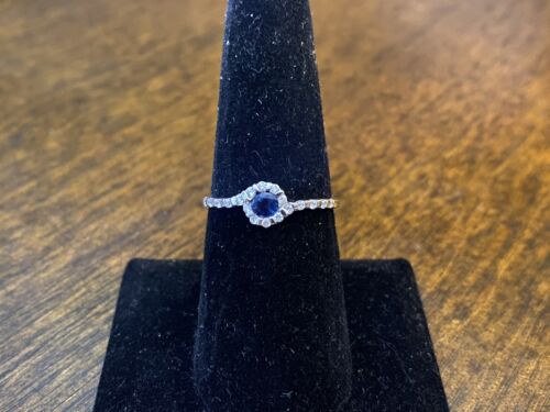 18k White Gold Natural Round Blue Sapphire Diamond Halo Bypass Ring