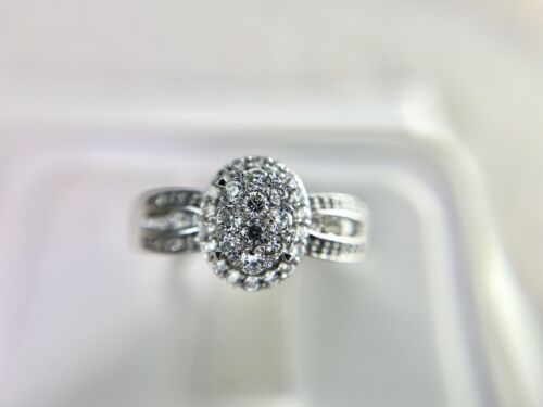 10k White Gold Designer Round Brilliant Diamond Oval Cluster Engagement Ring 