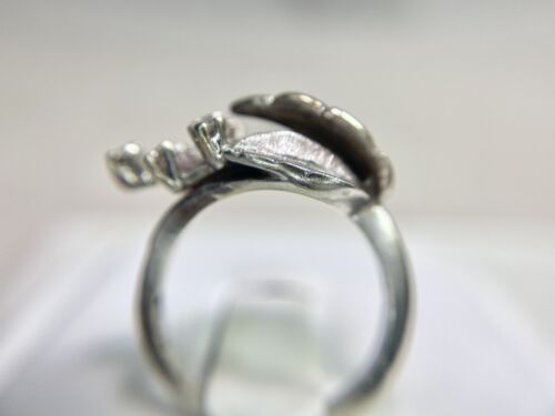 Art Deco 14k White Gold Natural Round Single Cut Diamond Leaf Cocktail Ring