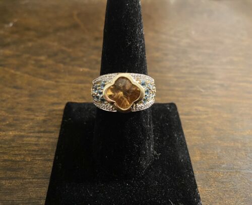 Vintage 10k Yellow Gold Designer Orange Citrine Round Diamond Big Cocktail Ring