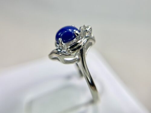 Vintage 14k White Gold Oval Star Sapphire Round Single Cut Diamond Cocktail Ring