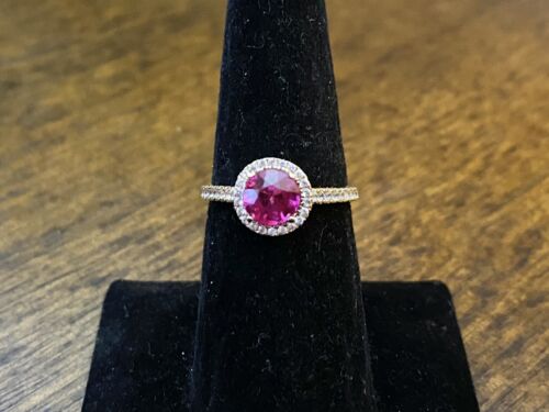 10k Yellow Gold Designer Signed Round Pink Sapphire Halo Engagement Ring