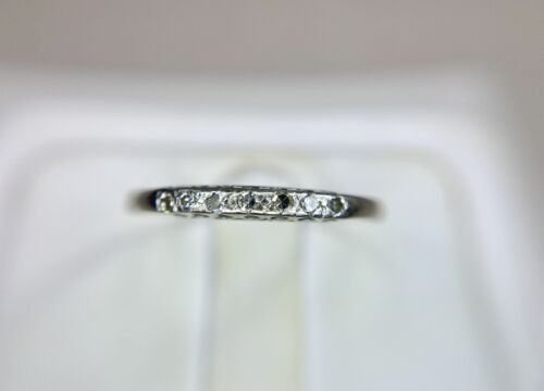 Art Deco 14k White Gold Natural Round Single Cut Diamond Wedding Band Ring