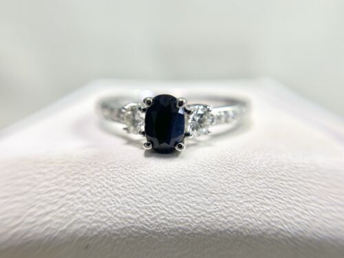 14k White Gold Natural Oval Shape Blue Sapphire Round Diamond Ring