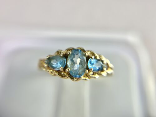 Vintage 14k Yellow Gold Oval Pear Shape Sky Blue Natural Topaz Three Stone Ring