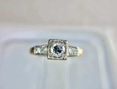 Art Deco 14k Yellow Gold Old European Natural Diamond Engagement Ring 1/3 ct